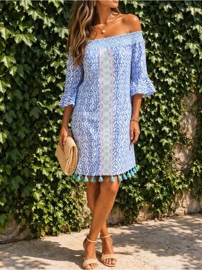 CABANA LIFE Blue and White Off the Shoulder Dress/Swim Coverup, L